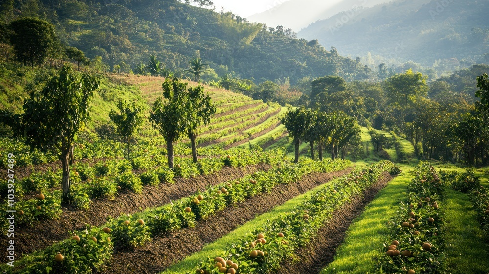 A thriving agroforestry system with rows of crops growing alongside fruit-bearing trees, creating a sustainable balance between agriculture and forest ecosystems A thriving agroforestry system with rows of crops growing alongside fruit-bearing trees, creating a sustainable balance between agriculture and forest ecosystems