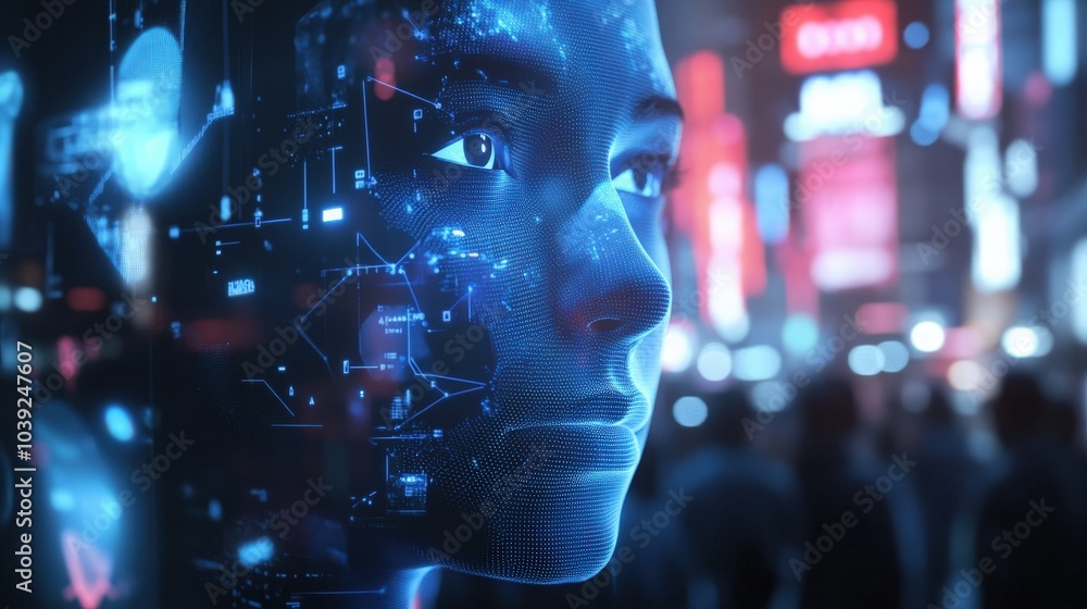 A futuristic facial recognition system powered by AI, scanning and identifying individuals in real-time, with data streams displaying biometric matches and security alerts A futuristic facial recognition system powered by AI, scanning and identifying individuals in real-time, with data streams displaying biometric matches and security alerts