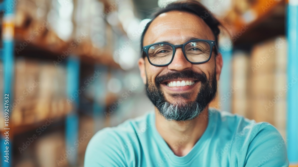 An entrepreneur stands joyfully in an e-commerce warehouse, showcasing a sense of fulfillment in his successful venture An entrepreneur stands joyfully in an e-commerce warehouse, showcasing a sense of fulfillment in his successful venture