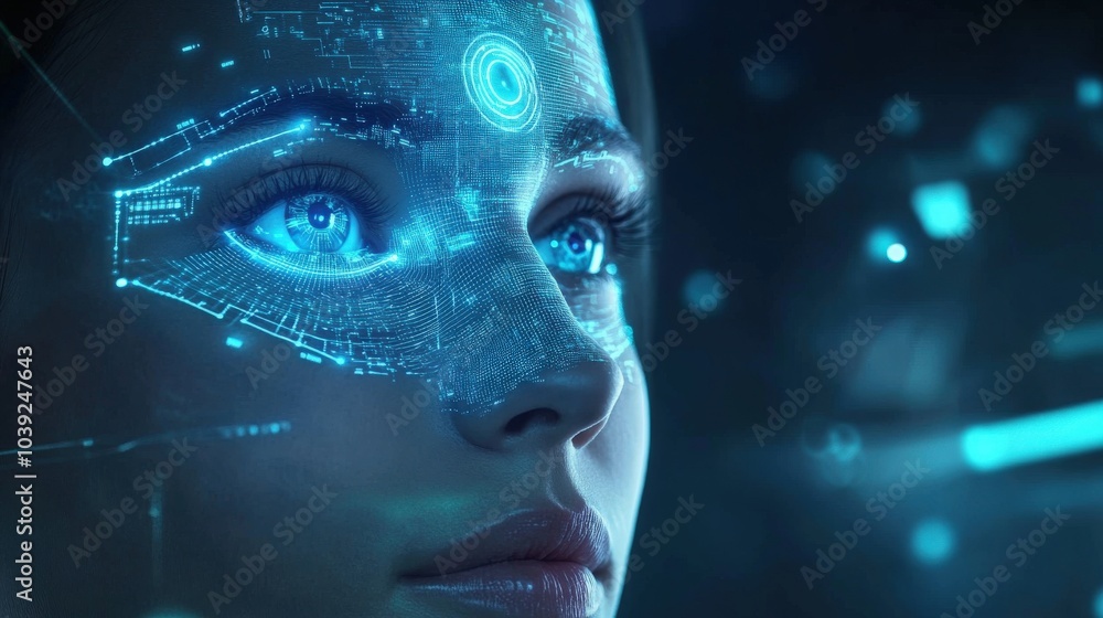 A futuristic facial recognition system where AI analyzes intricate facial features and expressions, A futuristic facial recognition system where AI analyzes intricate facial features and expressions,