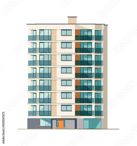 A modern multi-story apartment building with a clean architectural design, featuring balconies, large windows, and a neutral color palette. Ideal for urban residential living.