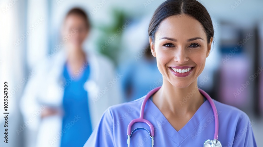 A nurse confidently walks through a hospital hallway, wearing scrubs and a stethoscope, exuding positivity and professionalism A nurse confidently walks through a hospital hallway, wearing scrubs and a stethoscope, exuding positivity and professionalism