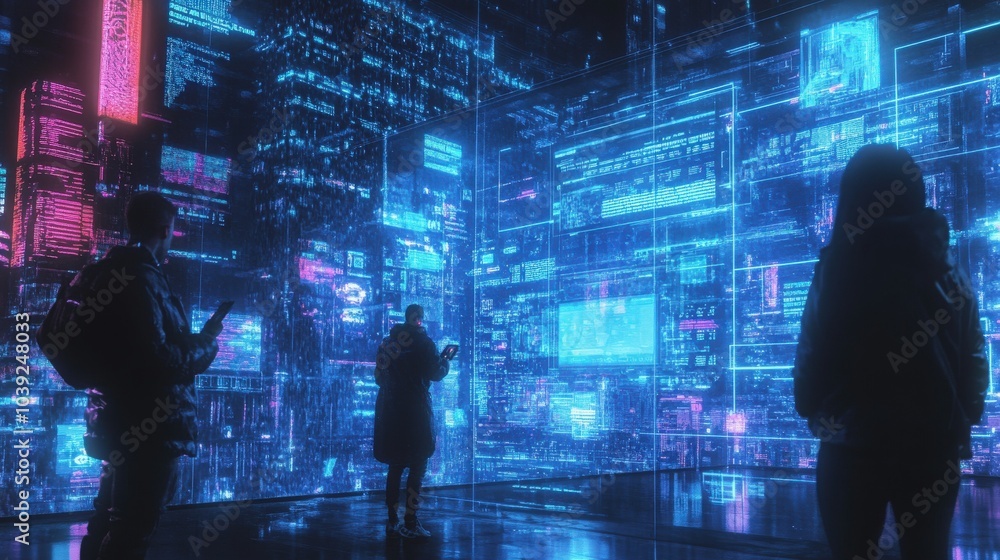 A futuristic internet communication system where people connect through augmented reality and holographic interfaces, creating immersive, A futuristic internet communication system where people connect through augmented reality and holographic interfaces, creating immersive,