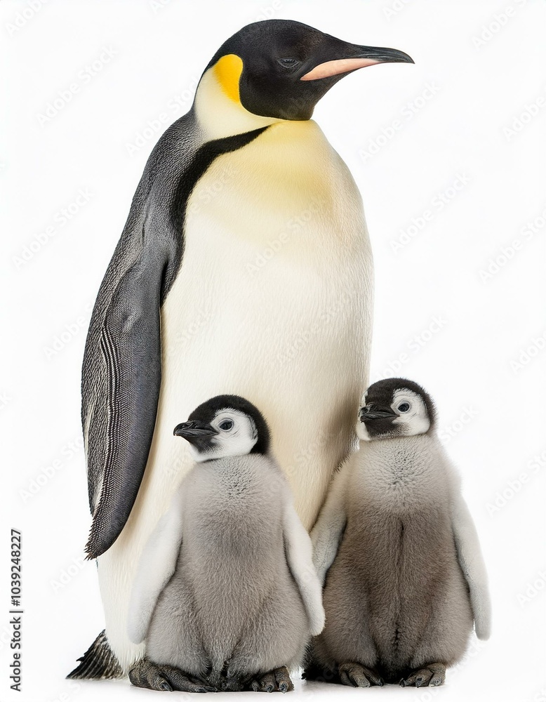 Fototapeta premium コウテイペンギンの親子(Emperor penguin family on white background)