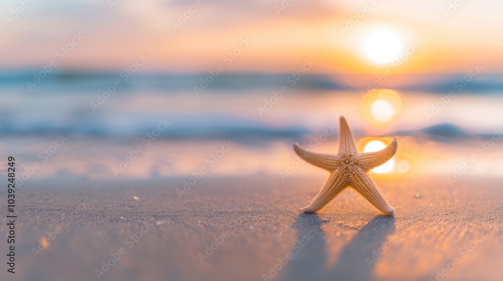 A starfish is stationed on soft sand while the sun sets, casting warm hues across the water and creating a tranquil evening A starfish is stationed on soft sand while the sun sets, casting warm hues across the water and creating a tranquil evening