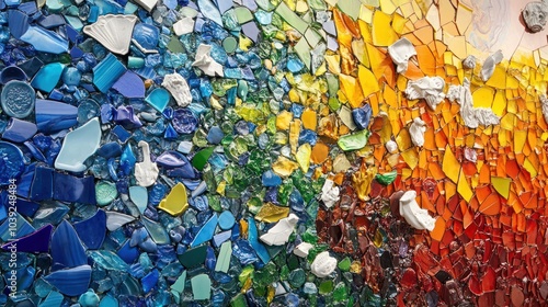 A vibrant, colorful mural created from recycled glass and broken ceramic pieces, arranged to depict a powerful environmental message about reducing waste in the modern world.