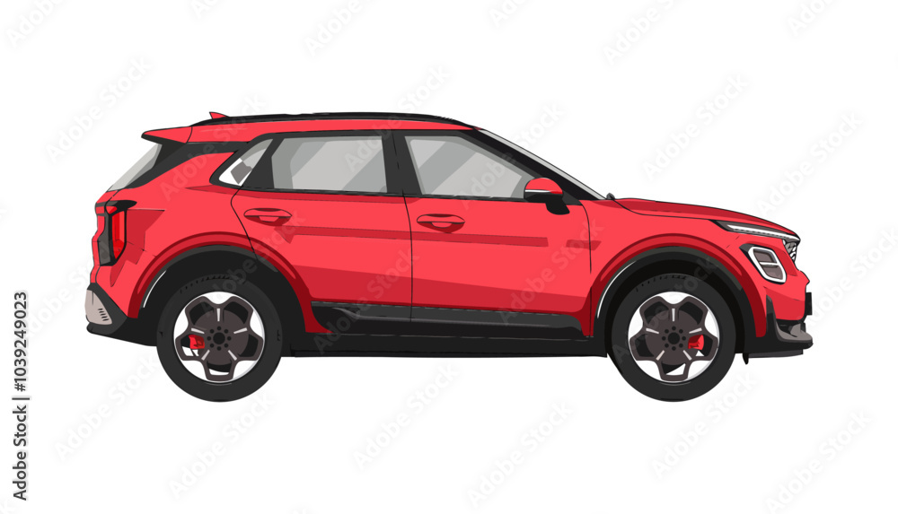 A modern red compact SUV shown from the side, featuring a sporty design and sleek lines. Ideal for city driving and urban lifestyle, it combines style and practicality. A modern red compact SUV shown from the side, featuring a sporty design and sleek lines. Ideal for city driving and urban lifestyle, it combines style and practicality.