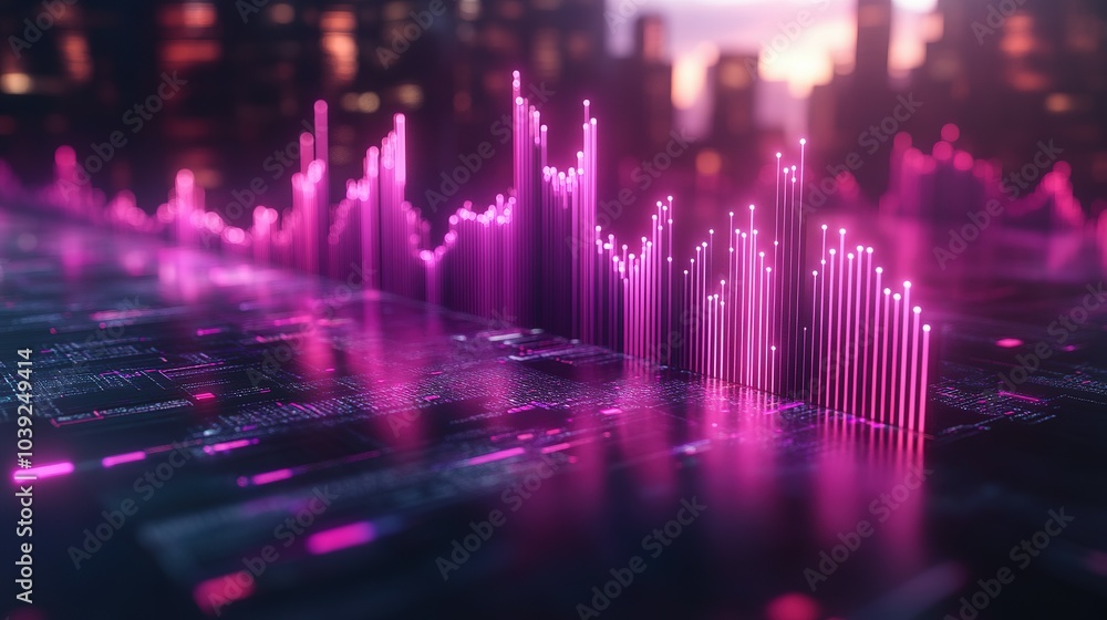 Abstract Pink Neon Lights on a Circuit Board with a City Skyline in the Background Abstract Pink Neon Lights on a Circuit Board with a City Skyline in the Background