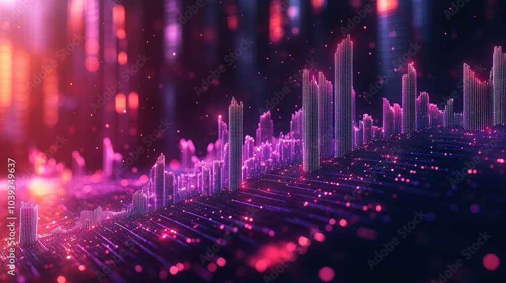 A Futuristic Cityscape Composed of Glowing Pink Dots A Futuristic Cityscape Composed of Glowing Pink Dots
