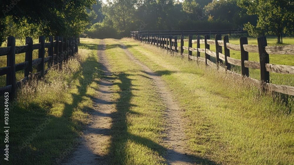 A well-worn horse riding trail along a quiet countryside road, bordered by rustic wooden fences and lined with tall grass, the afternoon sun casting long shadows. A well-worn horse riding trail along a quiet countryside road, bordered by rustic wooden fences and lined with tall grass, the afternoon sun casting long shadows.