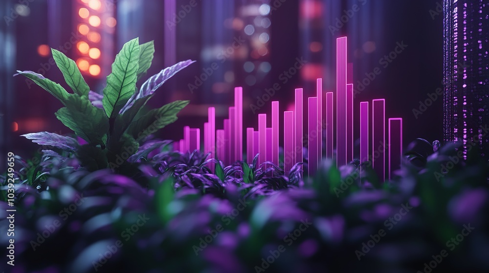 Neon Pink Bar Graph Behind Green Foliage Neon Pink Bar Graph Behind Green Foliage