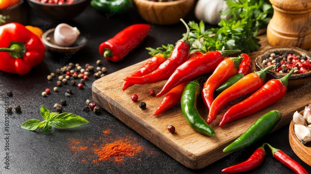 Fresh Chili Peppers on a Wooden Cutting Board Fresh Chili Peppers on a Wooden Cutting Board