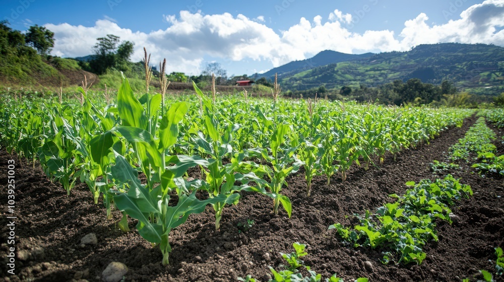 An agroecological farm demonstrating intercropping techniques, where tall crops like corn grow alongside nitrogen-fixing legumes, boosting soil fertility naturally An agroecological farm demonstrating intercropping techniques, where tall crops like corn grow alongside nitrogen-fixing legumes, boosting soil fertility naturally