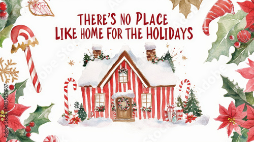 Hand-drawn watercolor festive illustration of a cozy candy cane house with holiday decorations and text 