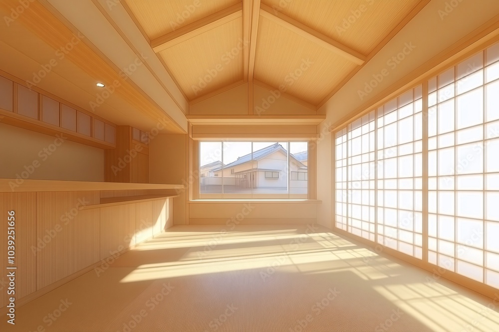 Fototapeta premium Minimalist Japanese Home Interior Design with Wooden Walls and Tatami Floor
