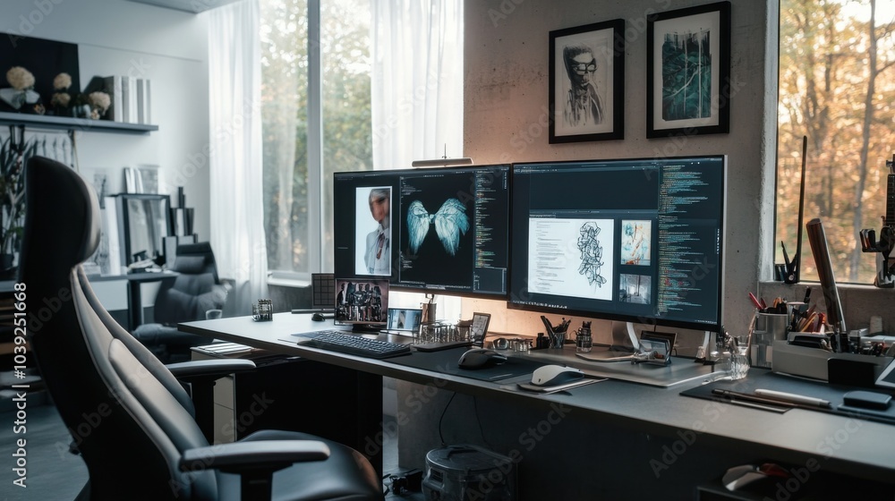 Fototapeta premium An elegantly designed workspace with a sleek desk, ergonomic chair, and multiple monitors displaying creative designs