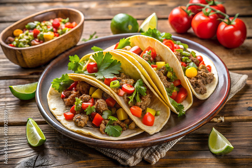 A mexican tacos plate with minced beef and mix vegetables lies on an old wooden table. Three mexican tacos with minced beef and mix vegetables on old rustic table photo