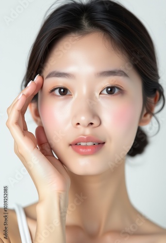 Timeless Korean Beauty: A Flawless Portrait of a Woman with Soft Features and Natural Makeup, Gently Touching Her Face Against a White Canvas