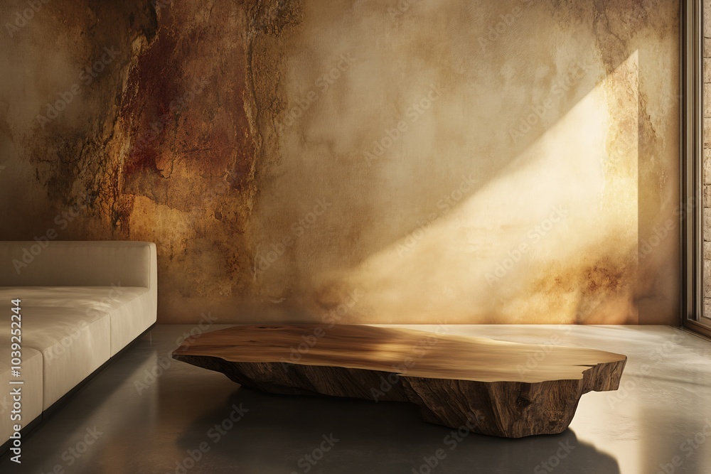 Modern Interior Design with Rustic Wood Table and Sunlight Modern Interior Design with Rustic Wood Table and Sunlight