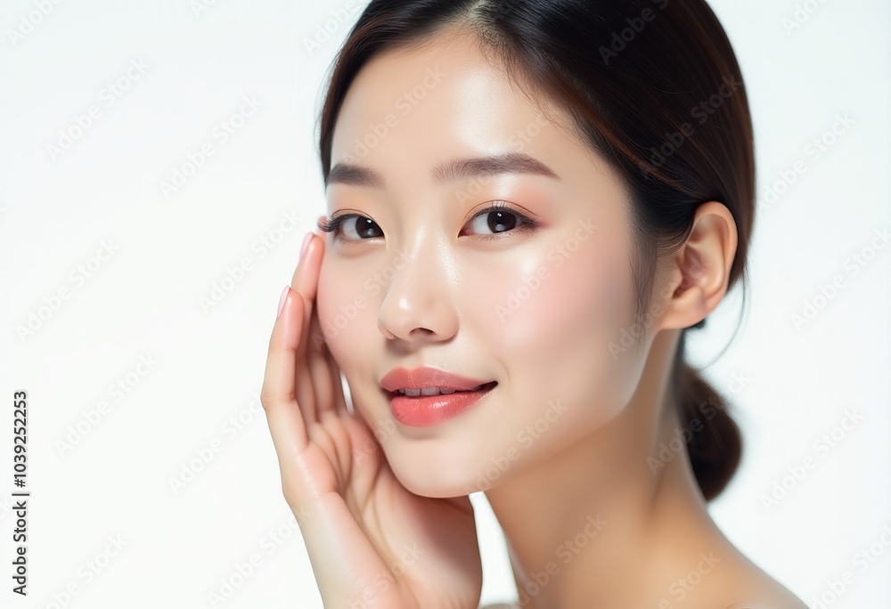 Flawless Elegance: A Beautiful Korean Woman with Natural Skin and Hair, Gently Touching Her Face in a Minimalist White Background Flawless Elegance: A Beautiful Korean Woman with Natural Skin and Hair, Gently Touching Her Face in a Minimalist White Background