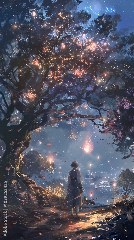 Mystical Night Forest with Glowing Lights and a Lonely Figure Mystical Night Forest with Glowing Lights and a Lonely Figure