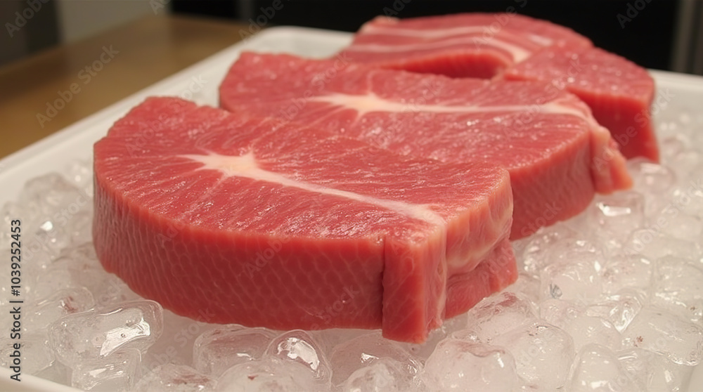 Freshly cut tuna steaks on ice ready for preparation Freshly cut tuna steaks on ice ready for preparation