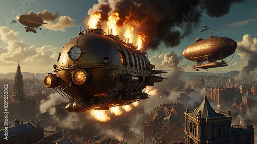 Steampunk Airship Battle: An epic aerial battle between massive steampunk airships over a Victorian-era city. The ships have brass gears, exposed engines, and billowing steam, while the sky is lit wit