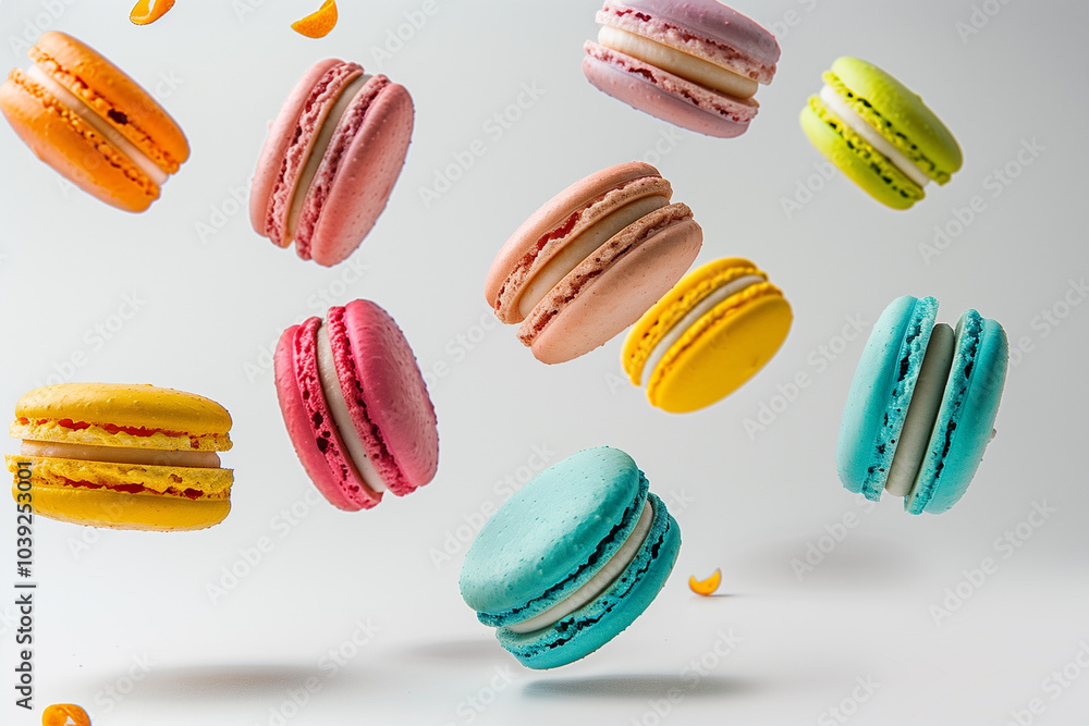 Colorful macarons levitate against a bright white background in a playful display Colorful macarons levitate against a bright white background in a playful display