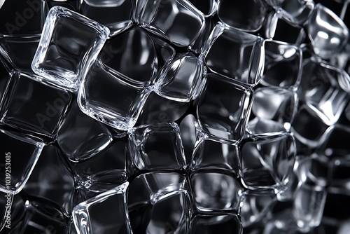 Abstract background of many clear glass squares, reflecting light.