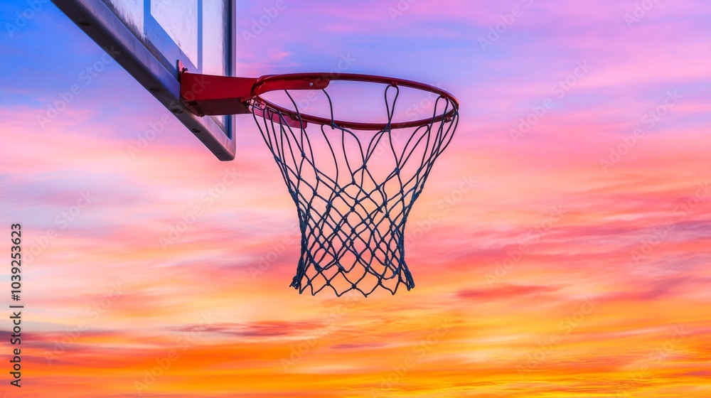 Sunset Over Basketball Hoop in Vibrant Sky Sunset Over Basketball Hoop in Vibrant Sky