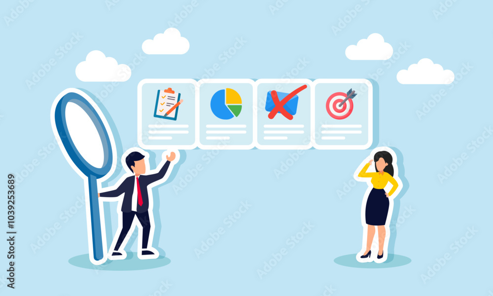 A businessman and a businesswoman standing next to item choices about business management, marked on the email section, illustration of disagreement in email systems A businessman and a businesswoman standing next to item choices about business management, marked on the email section, illustration of disagreement in email systems