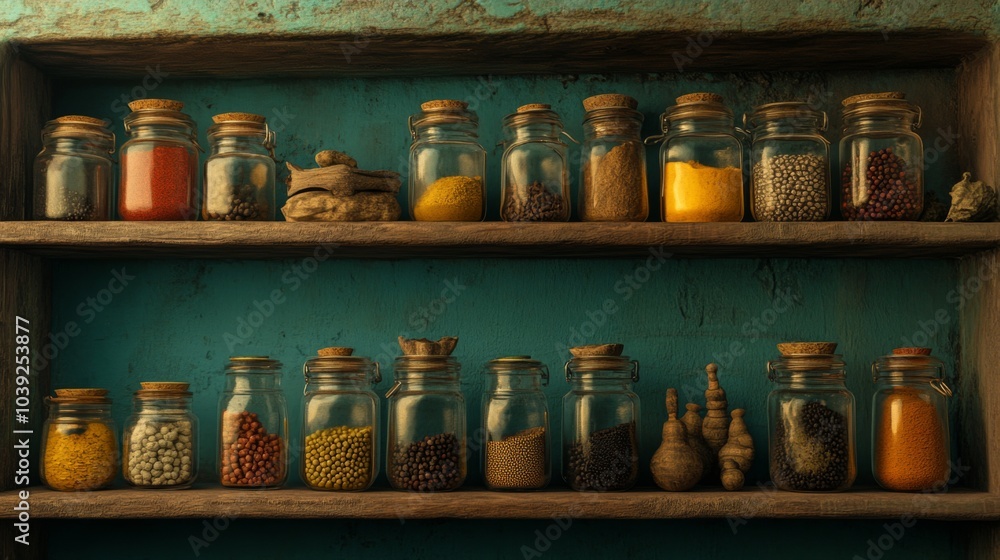 Colorful Spice Jars on Rustic Wooden Shelf Colorful Spice Jars on Rustic Wooden Shelf