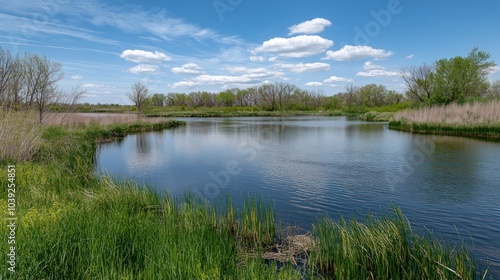 A serene wetland scene featuring a calm water body surrounded by lush greenery and clouds.