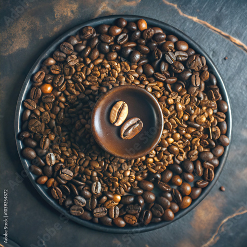 coffee beans in a cup. coffee, brown, bean, caffeine, beans, drink, cafe, cup, roasted, espresso, aroma, dark, food, black, texture, closeup, seed, heap, mocha, beverage, grain, roast, breakfast, coff photo