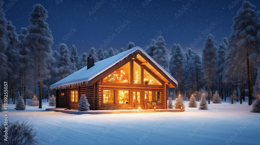 Snowy Christmas Eve night outside a charming log cabin Snowy Christmas Eve night outside a charming log cabin