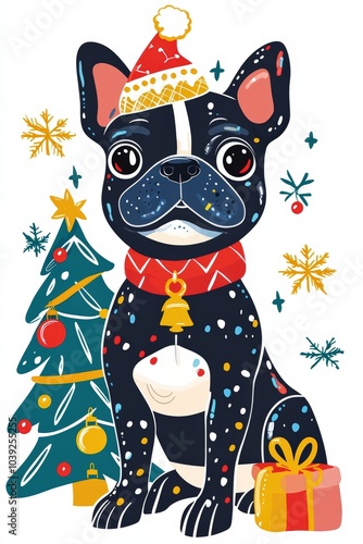 Cute French Bulldog wearing a Santa hat
