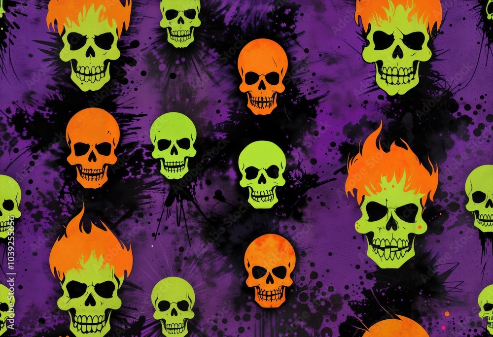 Halloween Ghostly fire skulls. The background is a dark, smoky haze with hints of black and deep purple, Generative AI Halloween Ghostly fire skulls. The background is a dark, smoky haze with hints of black and deep purple, Generative AI