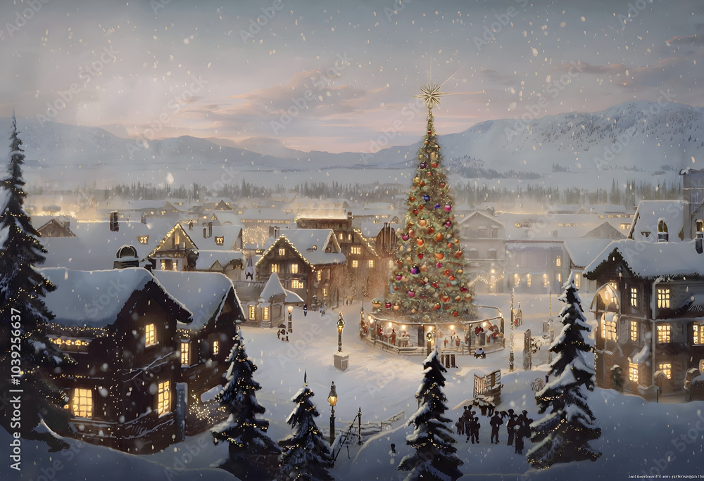 winter landscape in the mountains, A Christmas village on a cold winter day, a year-end party on a snowy day winter landscape in the mountains, A Christmas village on a cold winter day, a year-end party on a snowy day