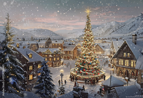 winter landscape in the mountains, A Christmas village on a cold winter day, a year-end party on a snowy day