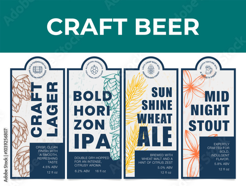 A collection of craft beer labels showcasing different styles and flavours in a vibrant and stylish design.