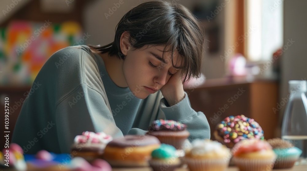 Fototapeta premium Person sitting alone, looking sad, surrounded by sugary foods like donuts and cupcakes on a table, with a blurred background for emphasis.