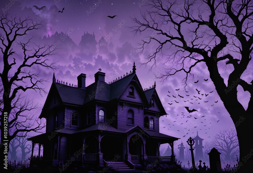 Haunted house with crooked windows and a pointed roof stands against a deep purple sky. Gnarled trees with bare branches arch over the scene, with a few tombstones at the base, Generative AI