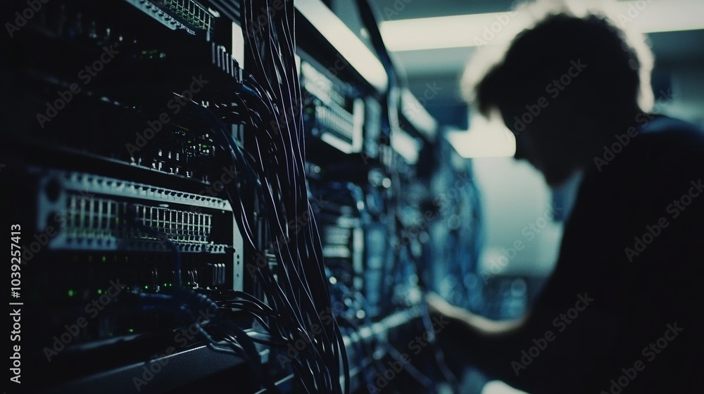 Technician focused on maintaining a network server in a modern office, with cables and routers in the background, shot in natural light. Technician focused on maintaining a network server in a modern office, with cables and routers in the background, shot in natural light.