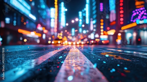 A vibrant city street at night, illuminated by colorful neon lights and reflections.