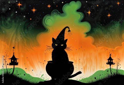 A black cat, a broom, and a pointed witch’s hat by a bubbling cauldron with green smoke rising from it, Halloween inspired, Generative AI