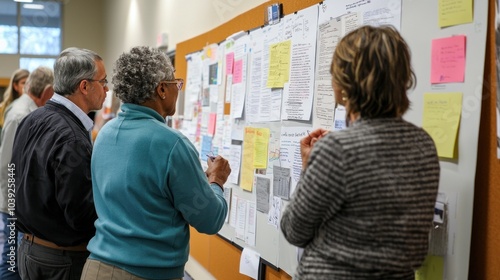 Residents brainstorming ideas on a large poster board during a community workshop.