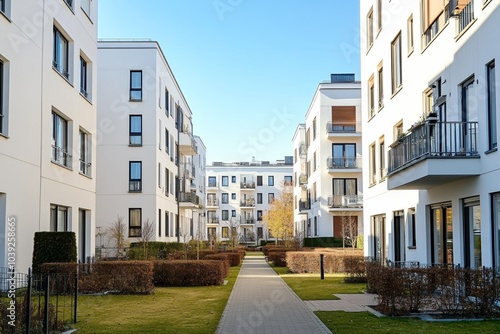  Modern apartment buildings with white walls and black windows, surrounded by green lawns and paved walkways under clear blue skies.