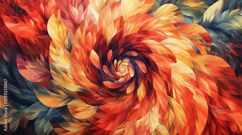 Abstract painting of swirling, textured, colorful leaves.