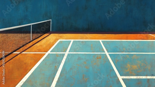 A minimalist depiction of a tennis court with vibrant colors and geometric lines.