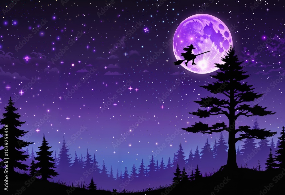 A witch on a broom flies across a full moon, surrounded by small stars. Below, a jagged tree line creates a spooky forest, magical Halloween night-time scene, Generative AI A witch on a broom flies across a full moon, surrounded by small stars. Below, a jagged tree line creates a spooky forest, magical Halloween night-time scene, Generative AI